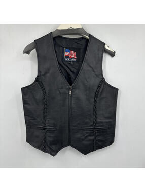 Women's Leather USA Genuine Leather Braided Detail Zippered Vest Black Large